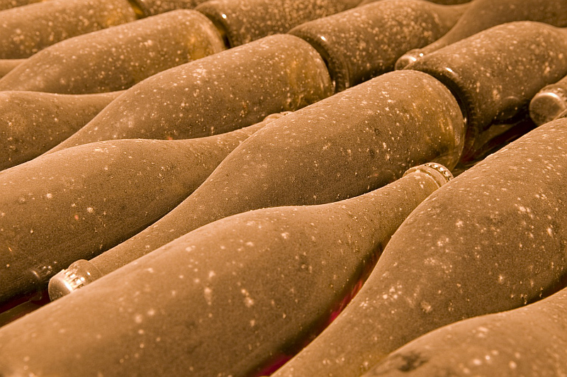 Cavaflaschen bei der Reifung im Keller von Covides 