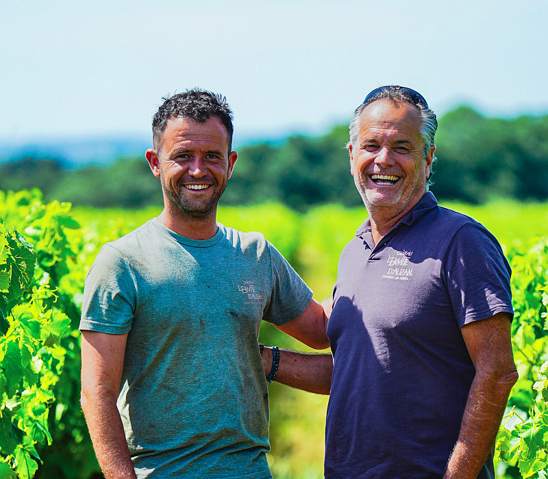 Tanguy und Jerome im Weinberg von Chateau Ermite de Auzan in Südfrankreich
